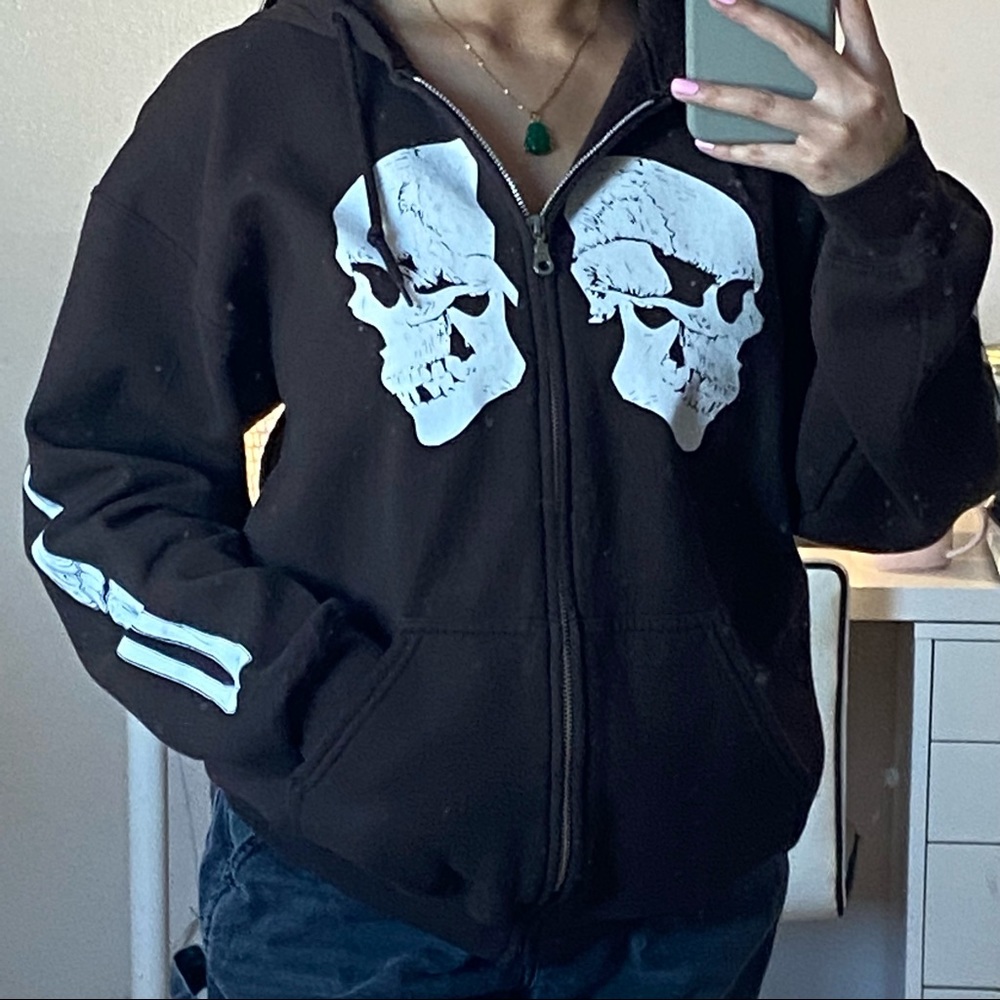 PUR3 brown twin cranium skull zip up hoodie